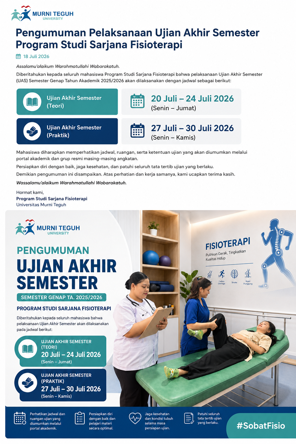 Pelaksanaan Ujian Akhir Semester (UAS) Program Studi Sarjana Fisioterapi Semester Genap Tahun Akademik 2025/2026